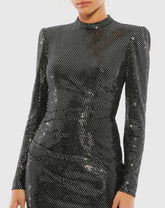 Black and Silver High Neck Long Sleeve Two Tone Mini Dress